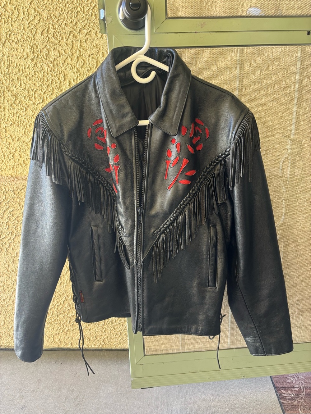 VINTAGE Hot Leathers Women’s Black Leather Fringe Jacket w/ Rose Embroidery - Si